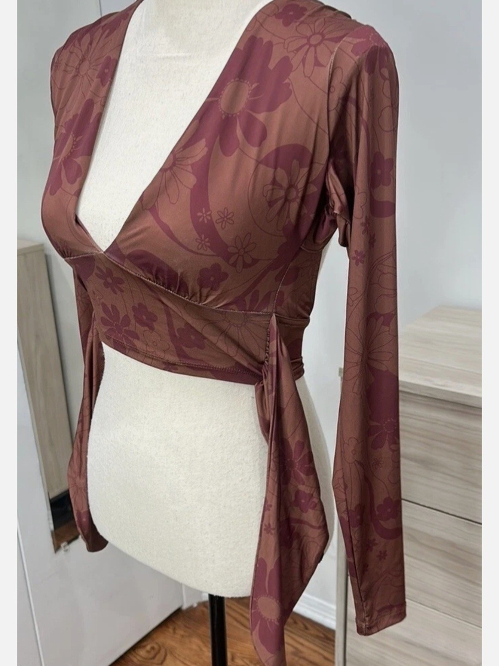 Urban Outfitters Brown Floral Wrap Crop Top